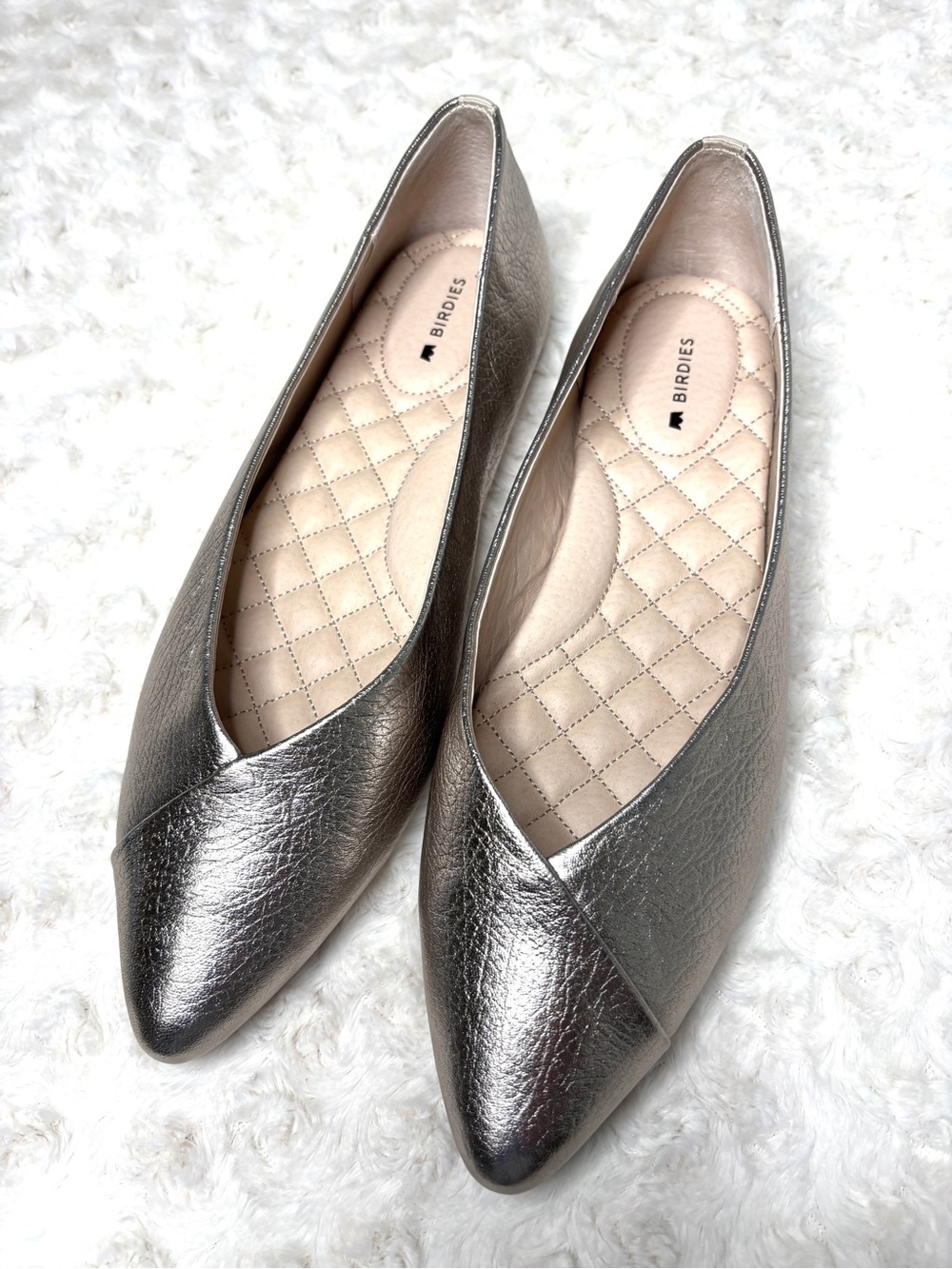 Birdies NEW The Goldfinch Pewter Metallic Pointy Toe Leather Flats